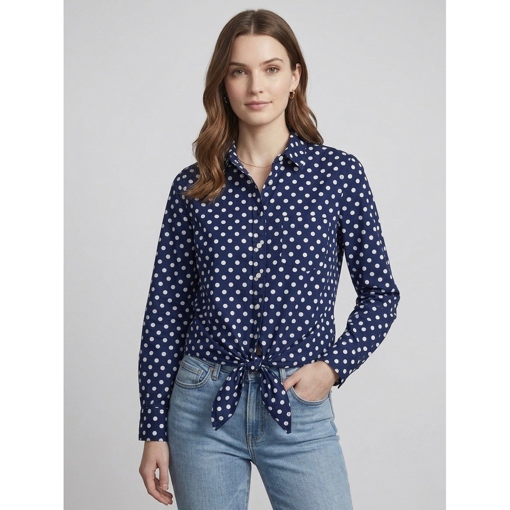 J.Crew Navy Blue Polka Dot Tie Front Cotton Button Down Shirt G6068 XS